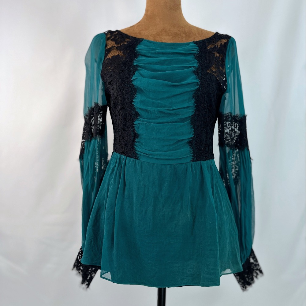 Nanette Lepore Silk Lace Blouse Womens Small Teal Black Excellent Victorian Top